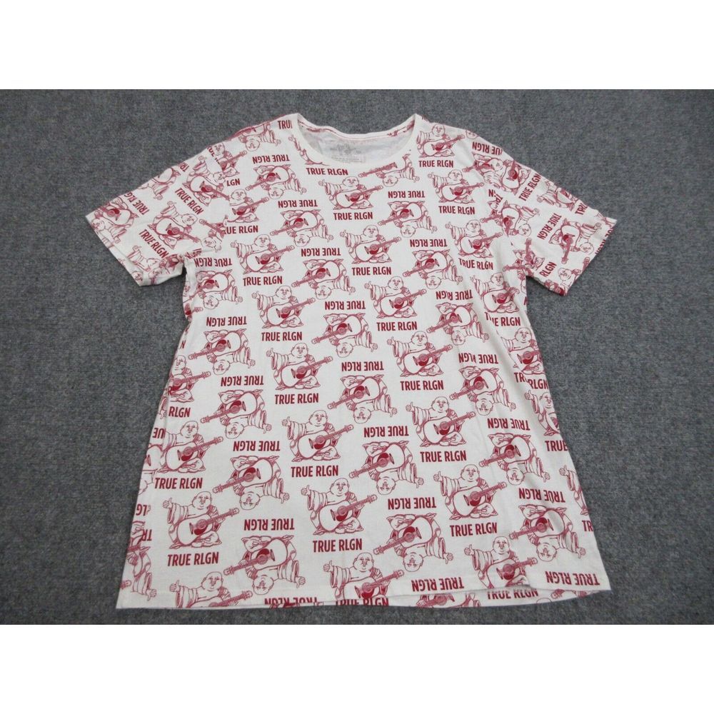 True Religion Shirt Mens 2XL XXL Red White All Over Print Buddha Guitar Logo